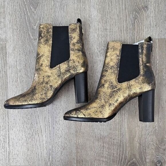Lauren Ralph Lauren Gold Distressed Metallic Chelsea Block Heel Ankle Boots - Picture 4 of 11
